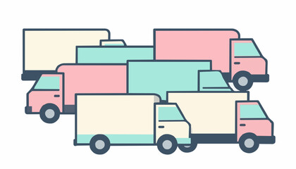 Fototapeta premium Group of colorful delivery trucks arranged in a minimalist flat vector illustration design concept with collection stylized delivery arranged layered composition