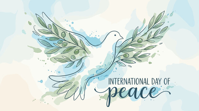 Watercolor dove carrying olive branches for peace day.