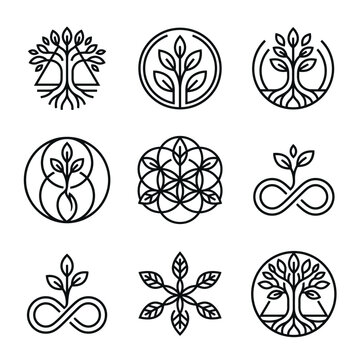 Minimalist Tree of Life and Organic Leaf Geometric Line Art Logo Icons Collection