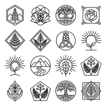 Minimalist Geometric Nature and Spiritual Line Art Logo Icons Set
