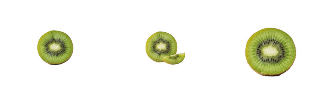 Set of 3 fresh kiwi fruit slices isolated on white background. PNG graphic element featuring green sliced kiwi and piece for healthy food design, tropical fruit market banner, smoothie recipe, cutout 