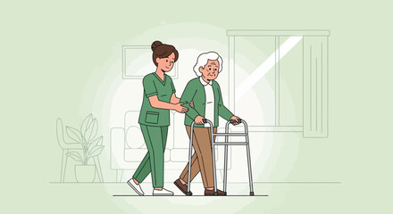 Fototapeta premium Nurse assisting elderly woman with walker in home care setting.