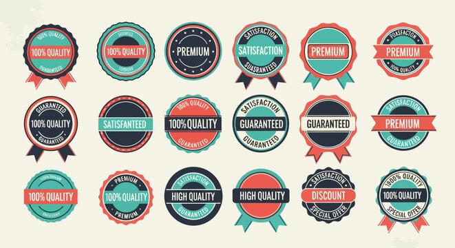 Quality badges with vintage ribbons represent premium standards and customer satisfaction for business branding.