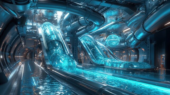 Futuristic High-Tech Industrial Corridor with Glowing Transparent Tubes and Metallic Ducts in a Sci-Fi Environment