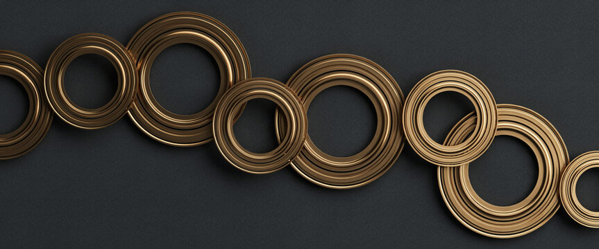 Golden rings arranged in a flowing pattern against a dark gray background 3d rendering