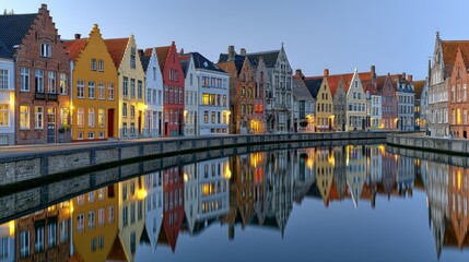 Obraz premium Beautiful Architectural Reflection of Colorful Buildings by the Water in Bruges at Dusk