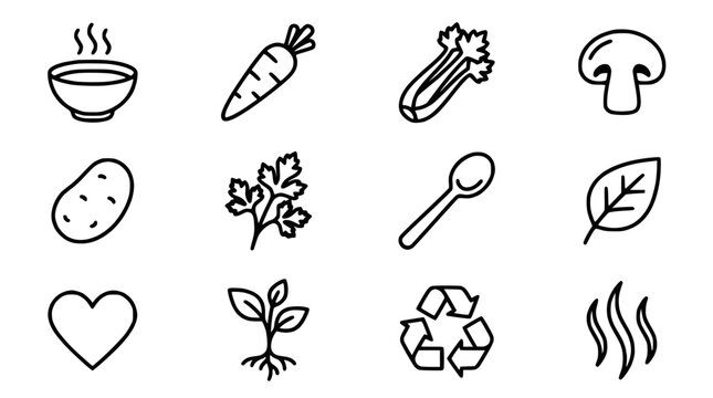 Healthy Food Icons: Soup, Vegetables, Heart, Plant, Recycle Symbol - Hand Drawn Style