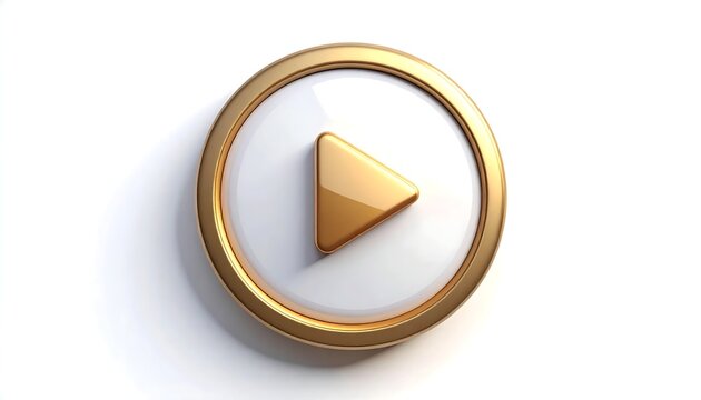 Glossy white and gold play button icon isolated on a clean white background for multimedia concepts