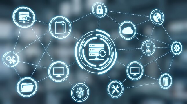 Futuristic glowing blue network interface displays connected technology icons and digital data processing symbols forming an abstract cyber communication system concept connection