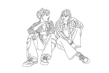 Obraz premium Continuous line art of two young friends sitting and relaxing together, depicting casual lifestyle, companionship, and youth culture.