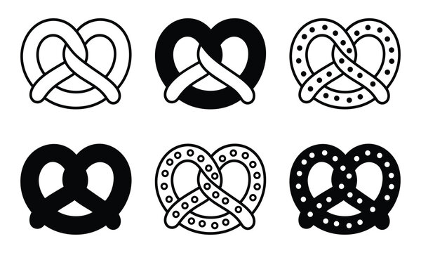 Set of six traditional soft salty pretzel icons with decorative salt dots.
