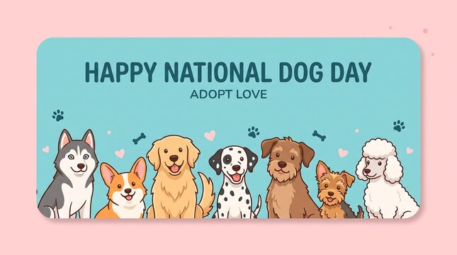 Happy National Dog Day greeting card with cute dogs and adopt love message
