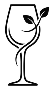 Minimalist wine glass icon combined with an organic leaf tendril silhouette in clean monoline style on a white background for a natural wine branding concept