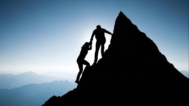 Two hikers climb a steep mountain.
