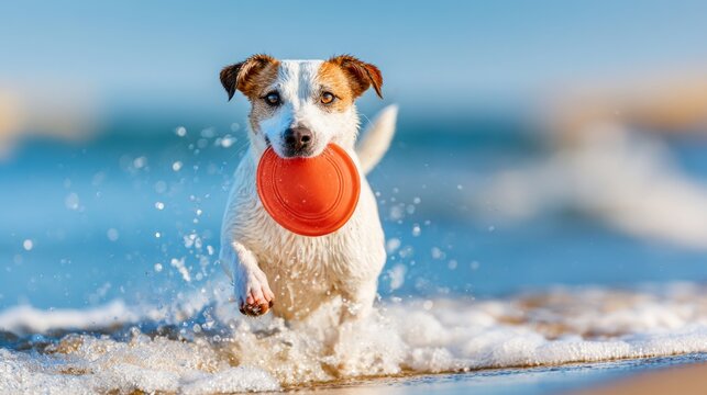 Energetic Small Dog Playing Fetch on Beach with Disc Under Bright Blue Sky