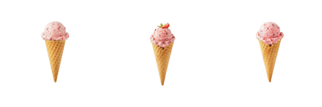 Set of 3 strawberry ice cream cones isolated on white background. PNG graphic element featuring pink gelato scoops in waffle cones for summer dessert menu, ice cream shop flyer, sweet treat recipe cut