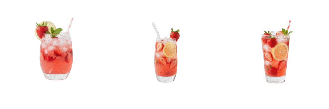 Set of 3 fresh strawberry lemonade cocktails isolated on white background. PNG graphic element featuring strawberry mojito drinks with ice, mint, and straws for summer bar menu, party flyer, drink rec