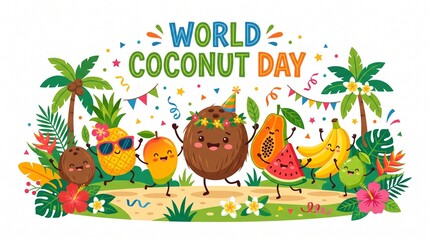Obraz premium Happy tropical fruits celebrating World Coconut Day. 