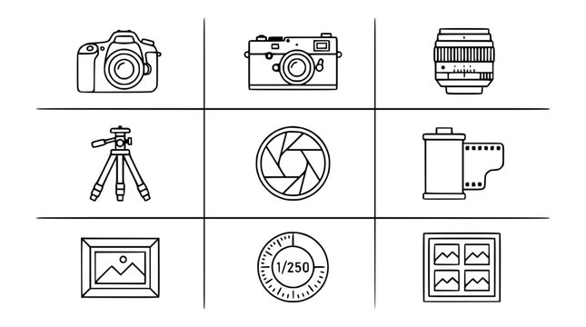 Photography Icons Set: Camera, Lens, Tripod, Film, Aperture, Frame, Shutter Speed