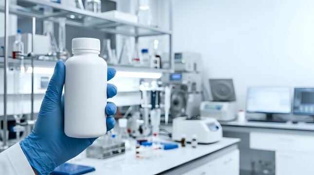 White pharmaceutical bottle held in gloved hand in laboratory setting with scientific equipment, suitable for healthcare, medicine, and pharmaceutical industry applications.