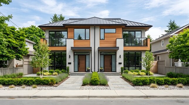 Contemporary duplex house with wooden cladding and tidy gardens