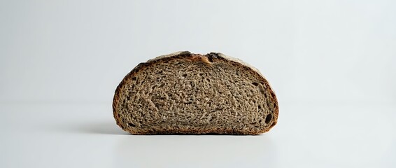 Obraz premium Sliced whole wheat bread loaf half showing dense crumb structure and texture, suitable for food photography, bakery marketing, and culinary publications.