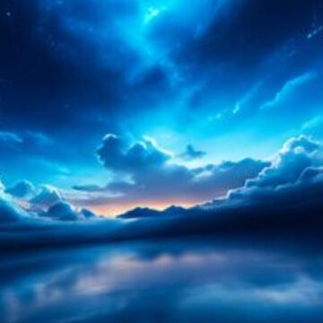blue sky and cloudA breathtaking blue sky filled with dramatic clouds stretches above a calm reflective surface, creating a peaceful and dreamlike atmosphere. Soft light glows along the horizon, blend