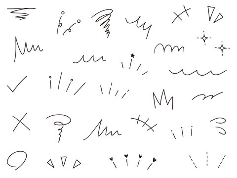 手書きの飾りイラストのベクターイラストセット。手描き、集中線、落書き、モヤモヤ、注目