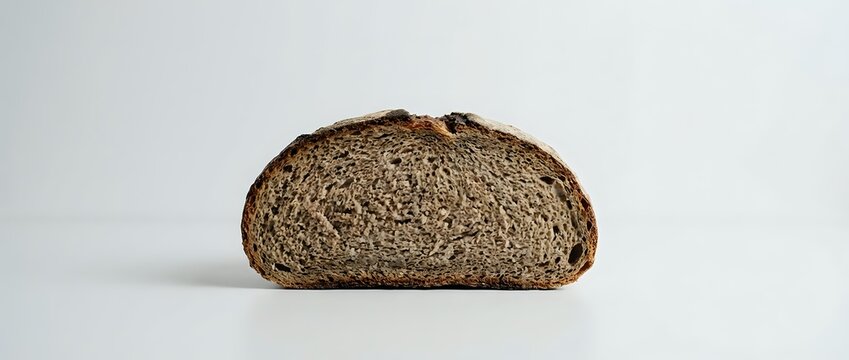 Sliced whole wheat bread loaf half showing dense crumb structure and texture, suitable for food photography, bakery marketing, and culinary publications.