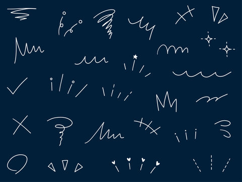 手書きの飾りイラストのベクターイラストセット。手描き、集中線、落書き、モヤモヤ、注目
