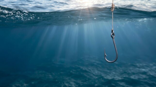 Underwater Fishing Scene with a Sharp Hook Beneath the Ocean Surface and Natural Light Rays