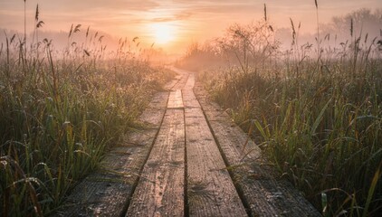 Fototapeta premium Sunrise glow illuminates a wooden path cutting through dense reeds main boardwalk sharply focused while distant sky and plants fade into soft mist.