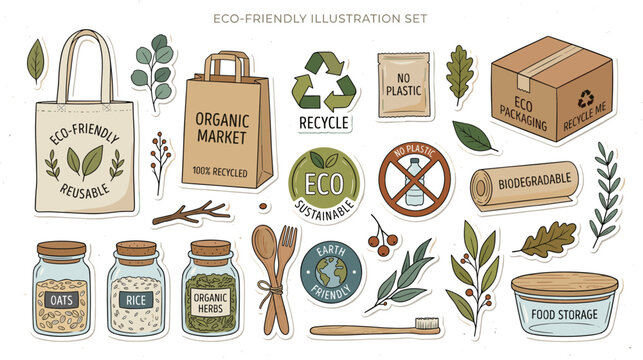 Eco‑friendly vector illustration set featuring reusable bags, organic market items, recycling symbols, biodegradable packaging