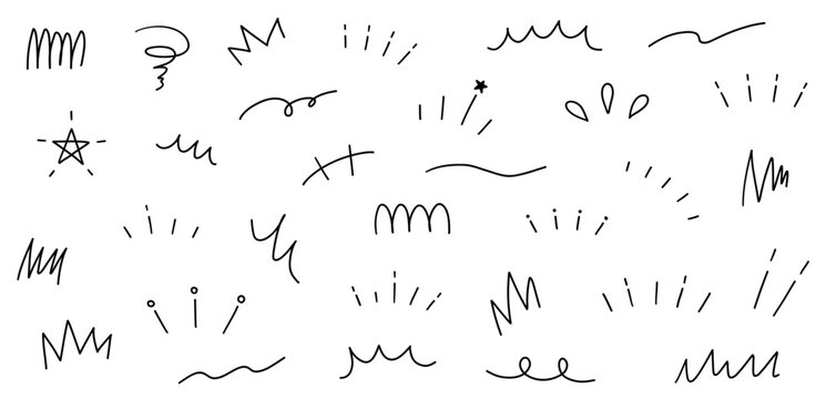 手書きの飾りイラストのベクターイラストセット。手描き、集中線、落書き、モヤモヤ、注目