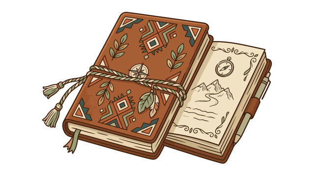 Vintage leather journals with mountain sketch and tassels.