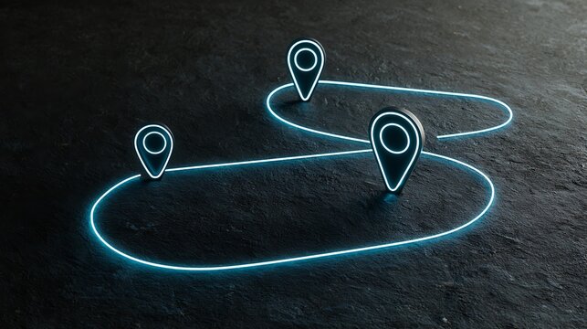 Neon location map markers connected by glowing paths on dark texture. Concept for navigation, travel planning and.