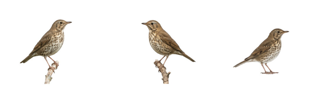 Song thrush bird perched on branch set isolated on white transparent background PNG clipart, little wild nightingale sparrow songbird, natural animal fauna, wildlife forest design element, spring natu