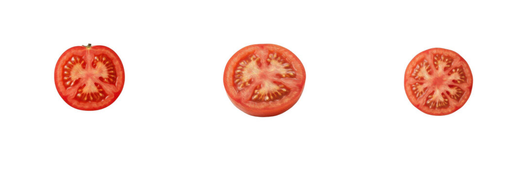 Fresh ripe red tomato slices row isolated on white transparent background PNG clipart, juicy raw sliced vegetable piece set for food menu design, cooking recipes, organic farm harvest concepts, salad 