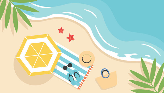 Top View Beach Sunset Vacation with Towel Umbrella and Ocean