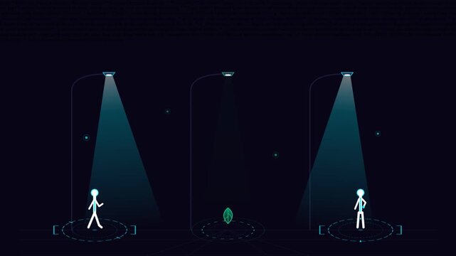 Stick figure walking through blue streetlights on dark background
