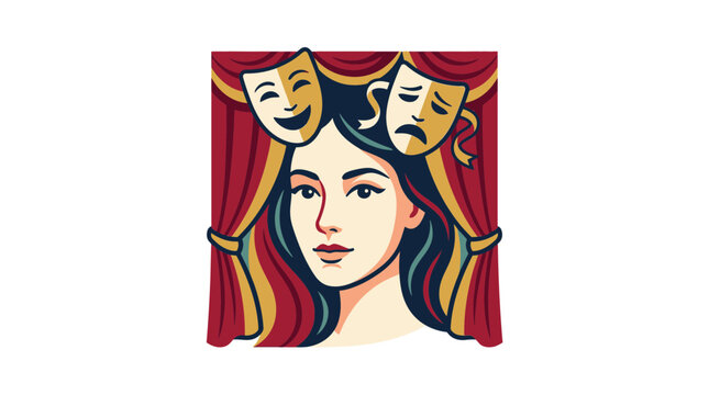 Woman with comedy tragedy masks and theater curtains