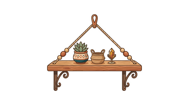 Wooden hanging wall shelf with macrame and plants.