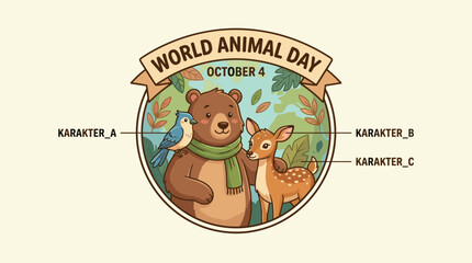Fototapeta premium World Animal Day badge with bear and deer characters