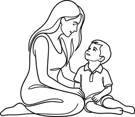 Obraz premium Continuous line drawing of a mother and her son looking at each other.