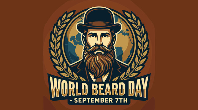 World Beard Day logo with vintage bearded man portrait.