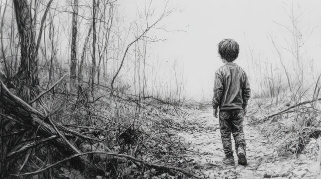 Child Walking Alone Through a Foggy Forest Path Surrounded by Bare Trees and Fallen Branches During Winter