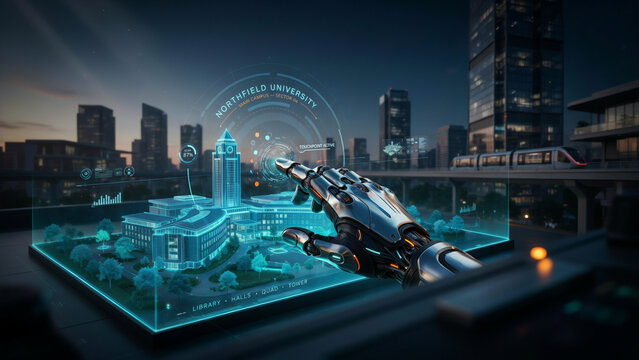 Robotic hand interacting with a futuristic holographic university campus interface, smart city technology, AI education, digital twin, augmented reality