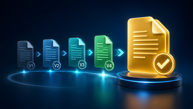 Glowing 3d document icons ending with a large golden checkmark file. Concept of version control system and quality assurance workflow.