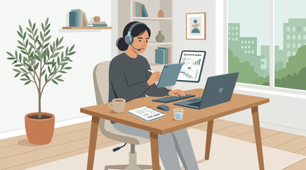 Obraz premium Woman working from home with laptop, tablet, and headset. Home office setup.