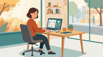 Obraz premium Woman working on laptop at home office with autumn view